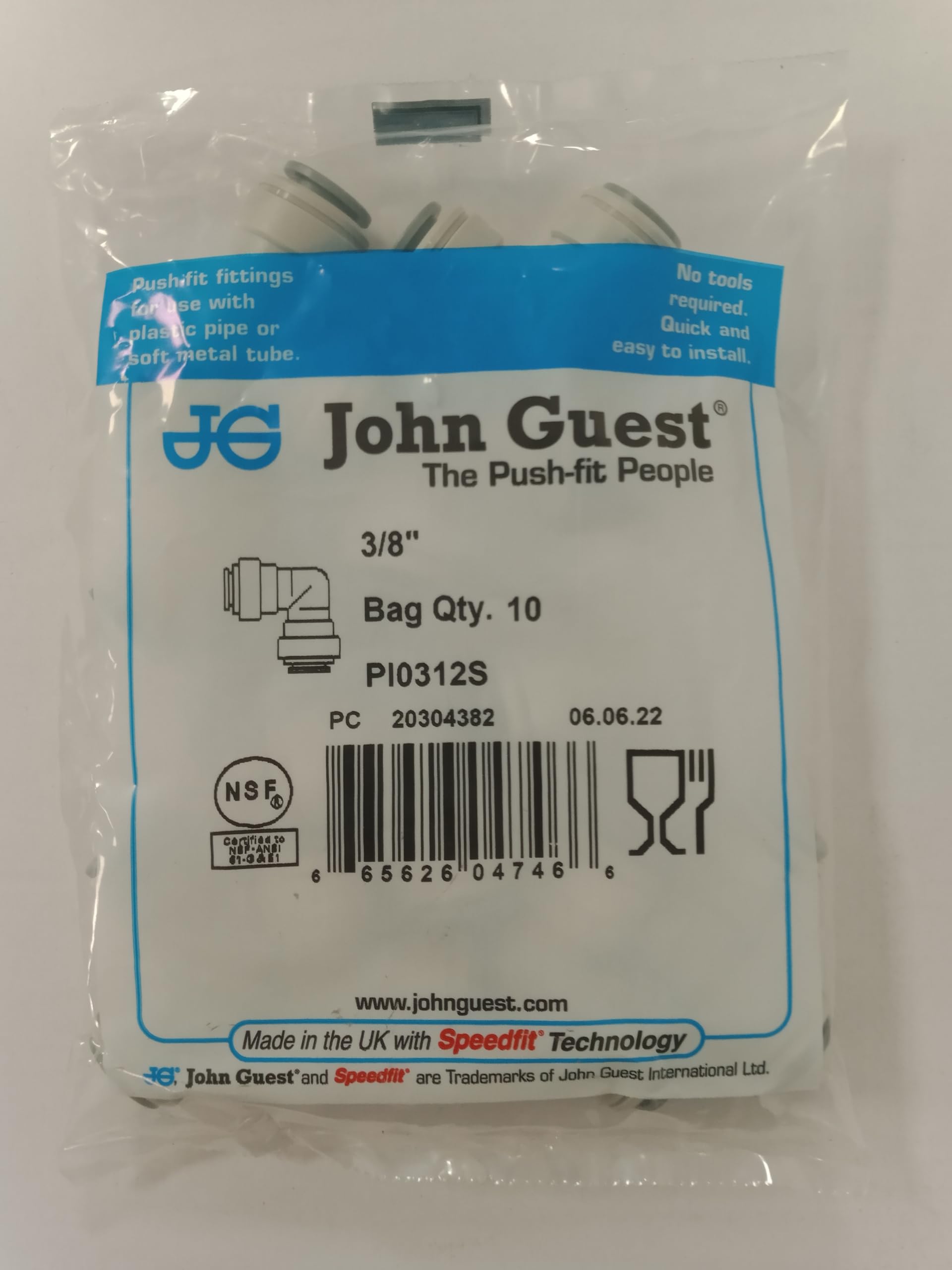 Raccord Intermédiaire Coudé John Guest 1/2" - Lot De 10 Pièces PI0316S - Pour Eau Potable, Air, Gaz Inertes