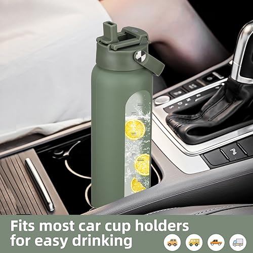 Miniatura 6 de Botella de agua de vidrio de 32 onzas con 2 tapas, tapa de popote y tapa de bambú, vaso motivacional de 1 litro, marcador de tiempo, botellas de