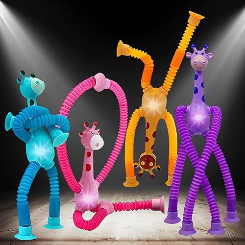 Juguete telescópico de jirafa con ventosa, 4 piezas, tubo telescópico LED que cambia de forma, juguete de descompresión para niños y niñas