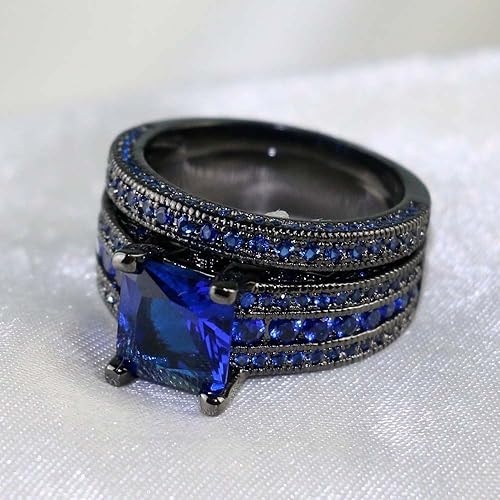 Miniatura 3 de LOVERSRING Juego de anillos de boda para él y para ella, anillos de pareja, chapado en oro negro de 10K, circonita azul, anillo de compromiso, de