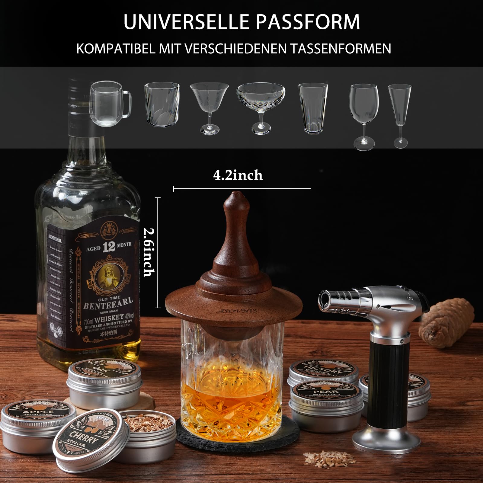 Whisky-Räucherset mit Fackel-6 Geschmacksrichtungen, Holzspäne, 2 Gläser, 6 Whiskysteine, Cocktail-Räucherset, Getränke-Räucherset, Geburtstagsgeschenke für Bourbon-Whiskey für Männer (Ebenholz)