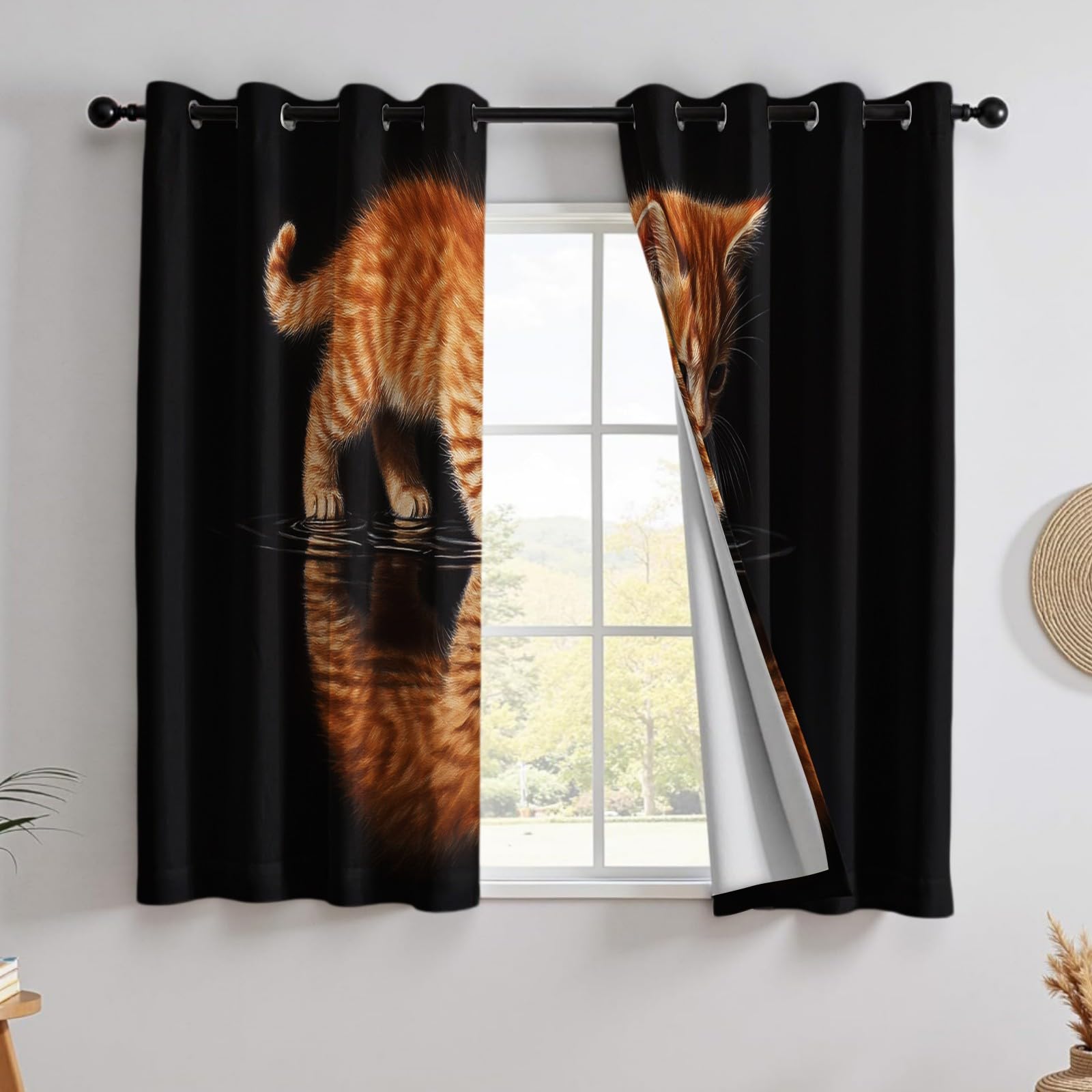 Rideaux Occultants Isolants Thermiques à Œillets Lot de 2, Chat tigré Rideaux Opaques pour Salon et Chambre, 132L X 210H cm