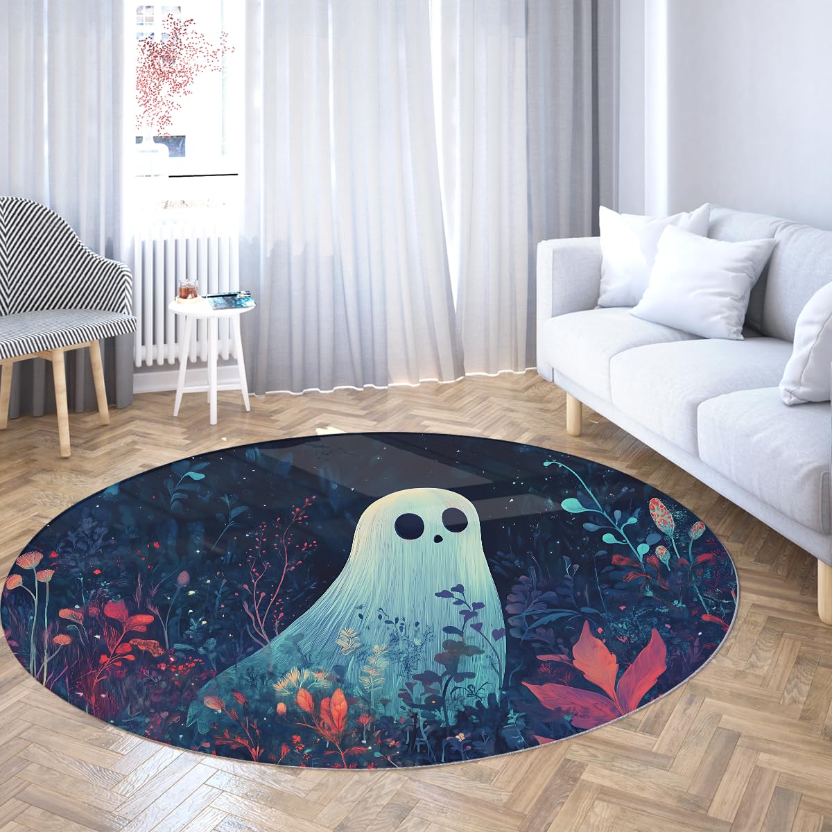 Fantasy Art 140 cm Okrągłe dywaniki Halloween Decor Magiczny wzór lasu Ghost Krótkie włosie Dywan do pokoju zabaw przedszkola Balkon