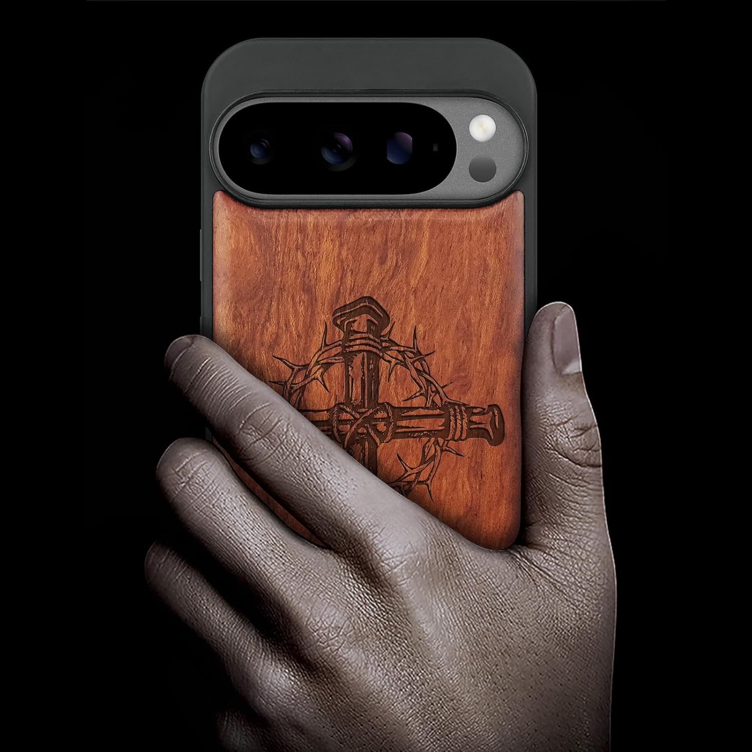 Carveit Magnetic Wooden Case for Google Pixel 10 / Pixel 10 Pro Case, Wood Artisan Engraved & Soft TPU Shockproof Cover, Compatible with MagSafe Wireless Chargers (Crucifix Nails) Rosy