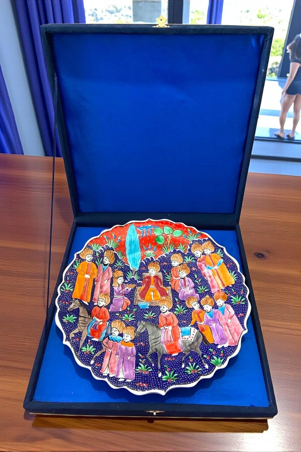 SODEF Decorative Plate 12-Inch Handmade Ottoman Miniature Art Ceramic Plate in Velvet Box, Turkish Home Decor - Lacivert - Kırmızı