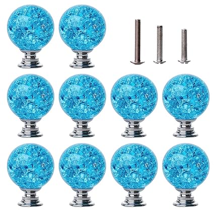 LONGWIN Crystal Cabinet Knobs Handles - Glass Ice Crackle Ball Shaped Dresser Drawer Pulls for Kitchen Batchroom Bedroom 30mm 10 Pack Light Blue