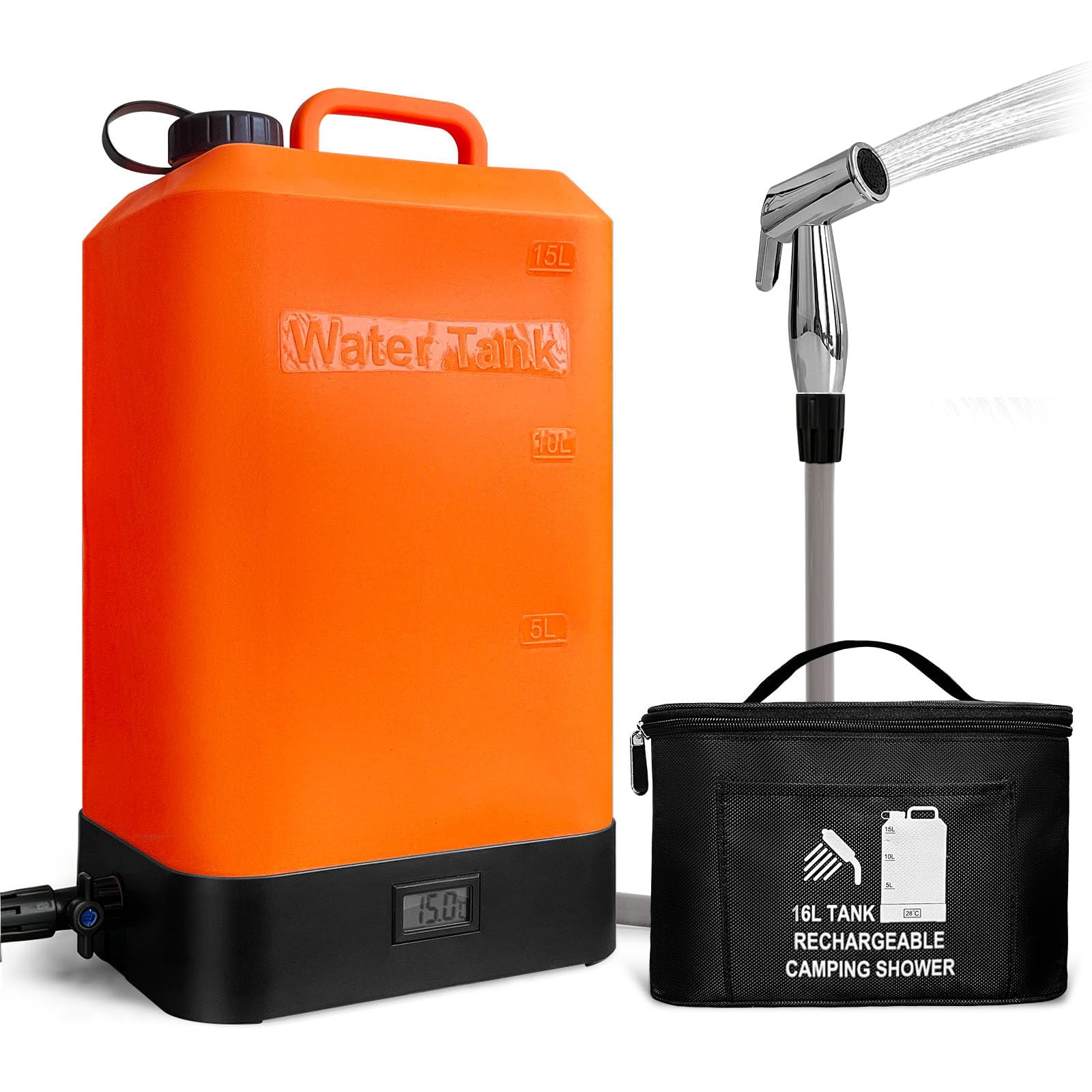 B. TAWD - Tanque de agua de silicona de 4.5 galones, ducha portátil para camping, carga de batería USB, calefacción solar, con cabezal de ducha, ducha eléctrica portátil para exteriores, termómetro