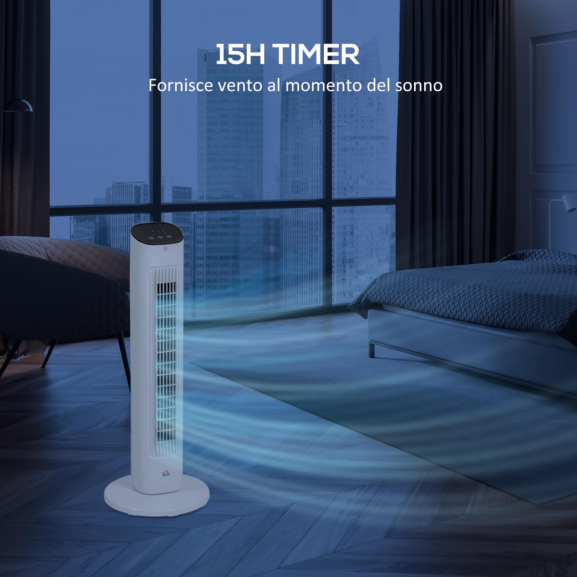 HOMCOM Ventilatore a Torre con Telecomando e 3 Velocità, Ventilatore a Colonna con Timer 15 Ore, Oscillazione e Modalità Silenzioso, Bianco