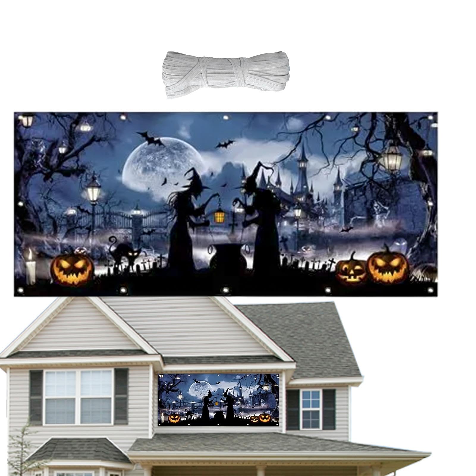Scène d'Halloween sur bannière grand format avec corde de suspension pour porte