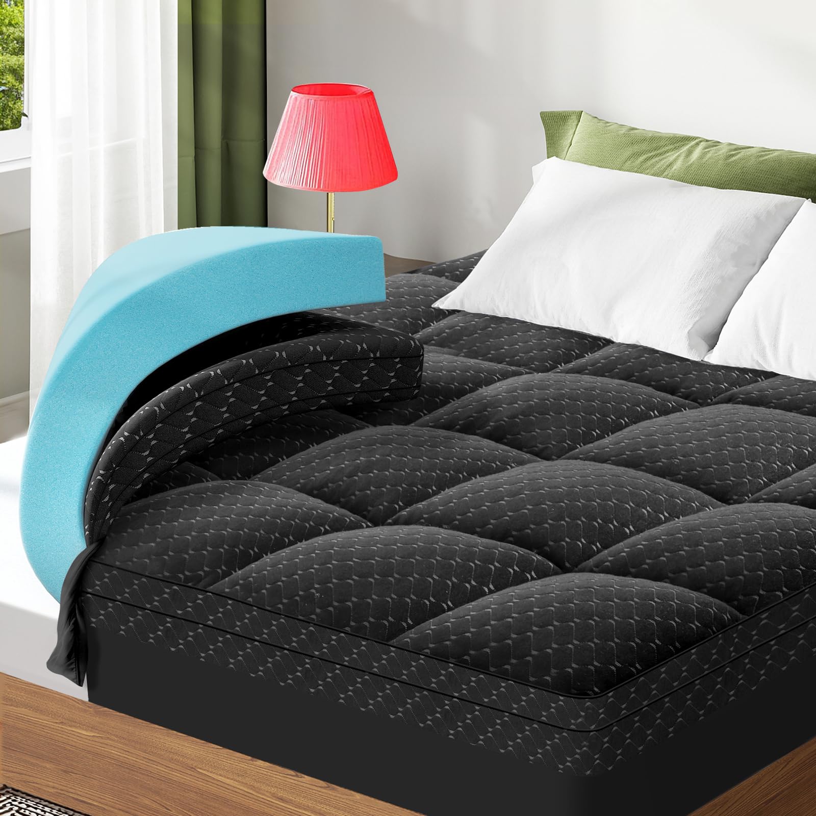Photo 1 of Dual Layer 3 Inch Memory Foam Mattress Topper California King Size, 2 Inch Gel Memory Foam Plus 1 Inch Cooling Pillow Top Mattress Pad Cover, with 8-21 Inch Deep Pocket, Black