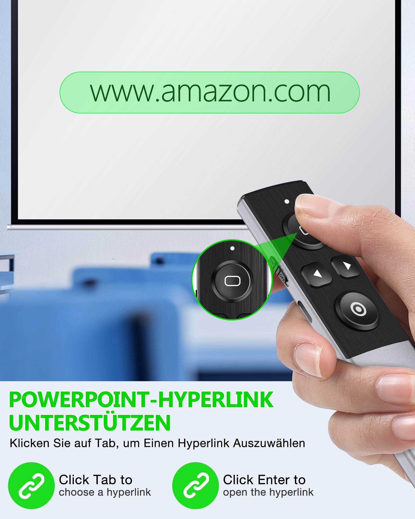 Presenter, 2 in 1 USB und Typ-C-Empfänger Pointer für Präsentationen, 2.4 GHz Wiederaufladbare Wireless Presenter mit Fensterumschaltung/Hyperlink für Windows/Mac ISO/Linux/Android/PowerPoint