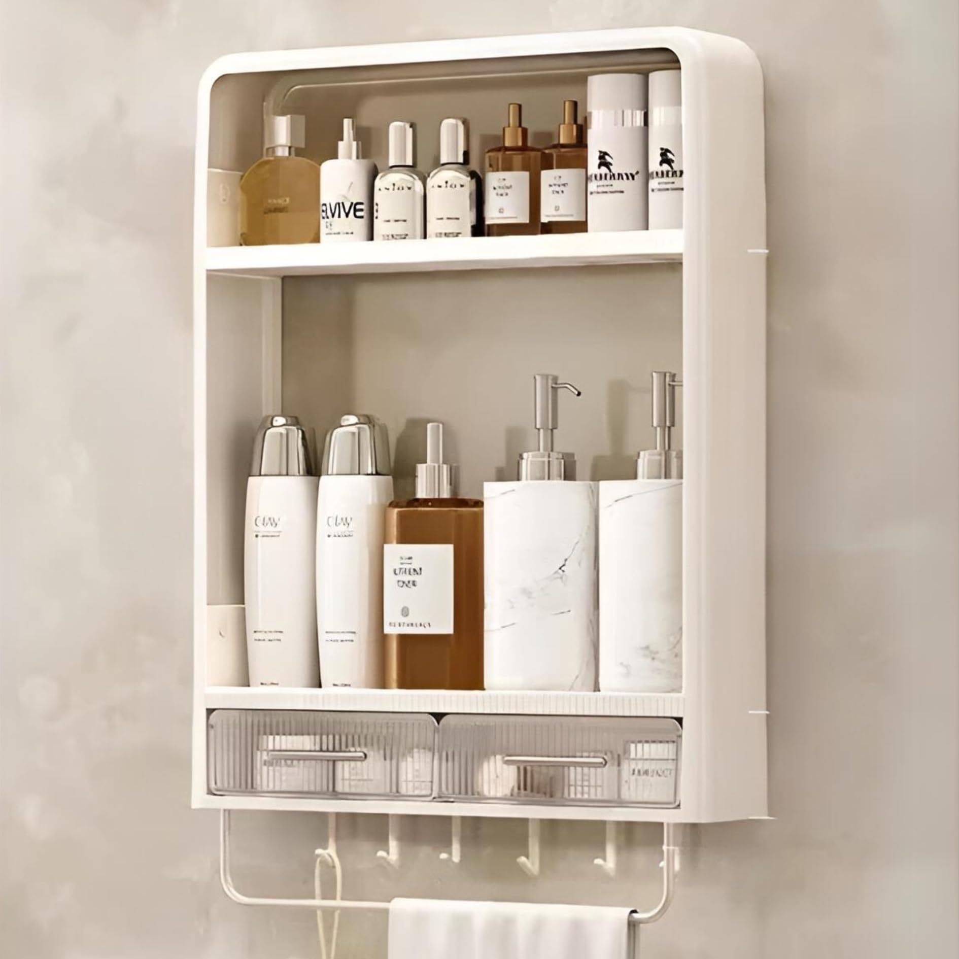 KREPS Plastic Shower Caddy Shelf Organizer Rack,Self Adhesive,Multifunctional Shelf Over Wall Mounted For Bedroom And Kitchen Decoration (2-Layer, 2-Layer With Drawers,Hooks & Handle) (B0CWH53X5S) Amazon Price History, Amazon Price Tracker