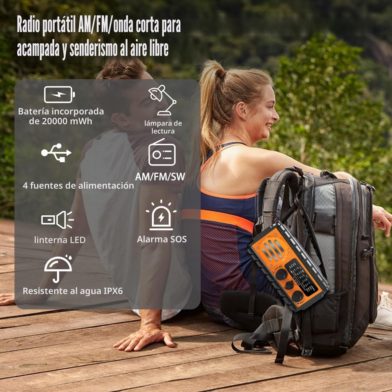 Radio de Emergencia Portátil 20000mAH, TKMARS Radio de Manivela Pequeña Am FM con Solar y Pilas Radios Power Bank con Linterna y Lámpara de Lectura, Alarma SOS, Cargador de Teléfono(Naranja)