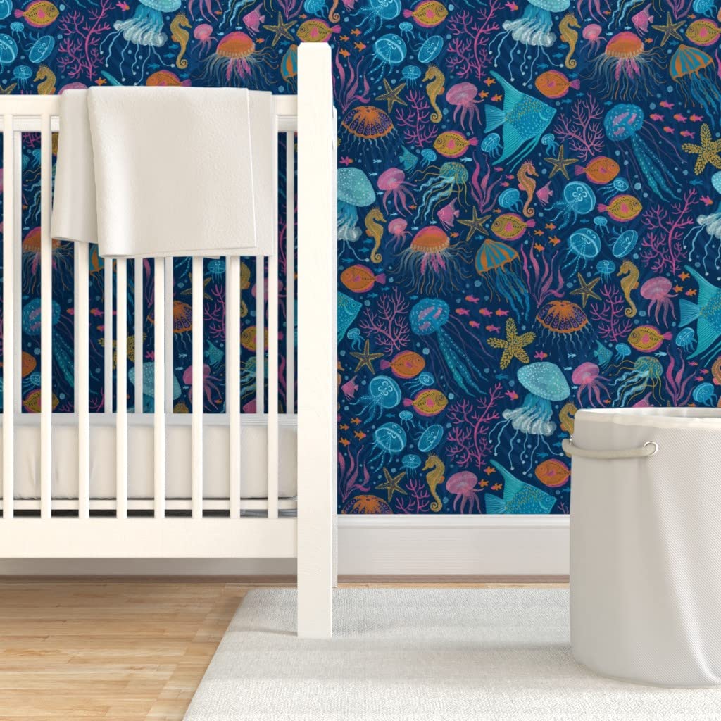 Spoonflower Peel & Stick Wallpaper - Ocean Navy Seahorse Nautical Design, Removable, 9ft X 2ft - View #14