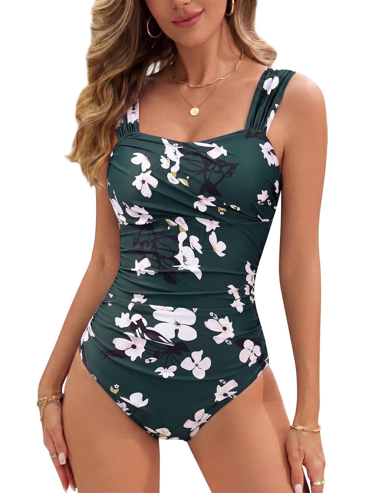 Nadeer Badeanzug Damen Einteilige Bauchweg Bademode Push Up Swimsuit Vintage Raffung One Piece Figurformend Schwimmanzug Tummy Control Schlankheits Strandmode