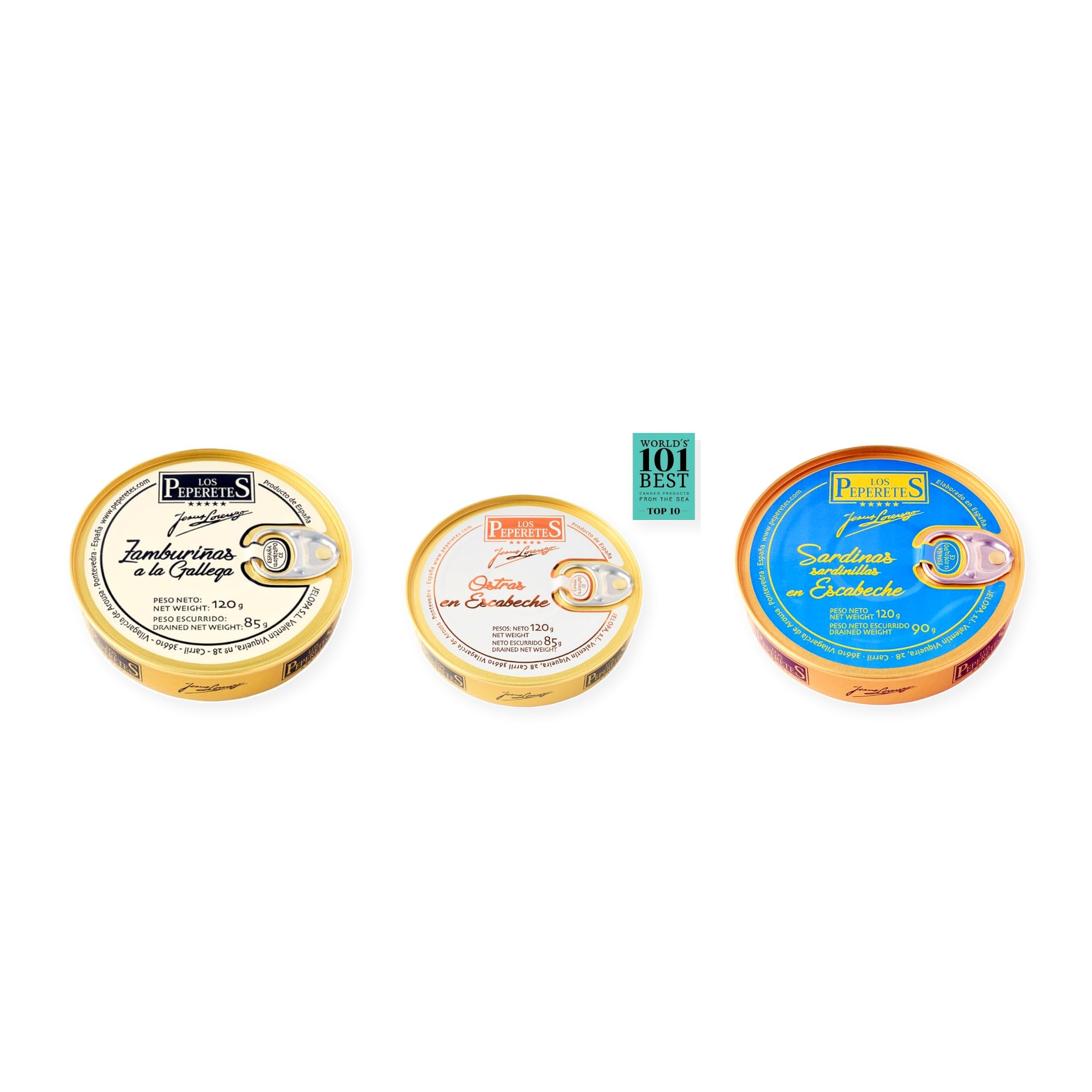 los peperetes conservas Zamburiñas Gallega, Ostras Escabeche y Sardinillas Escabeche pack 3 latas