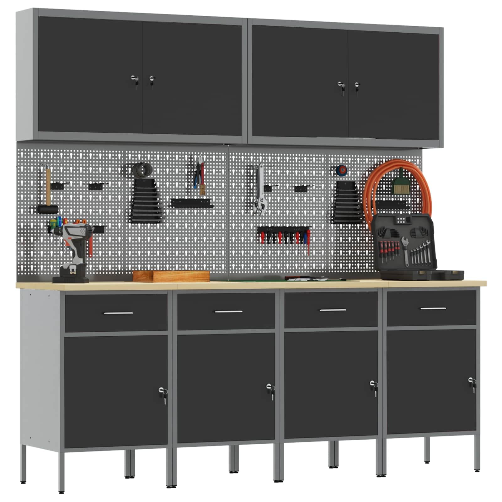 Banco de trabajo con almacenamiento negro de madera y acero, 200 x 55 x 200 cm, juego de 10 piezas con cajones y placas perforadas para taller, garaje, sistema de organización y