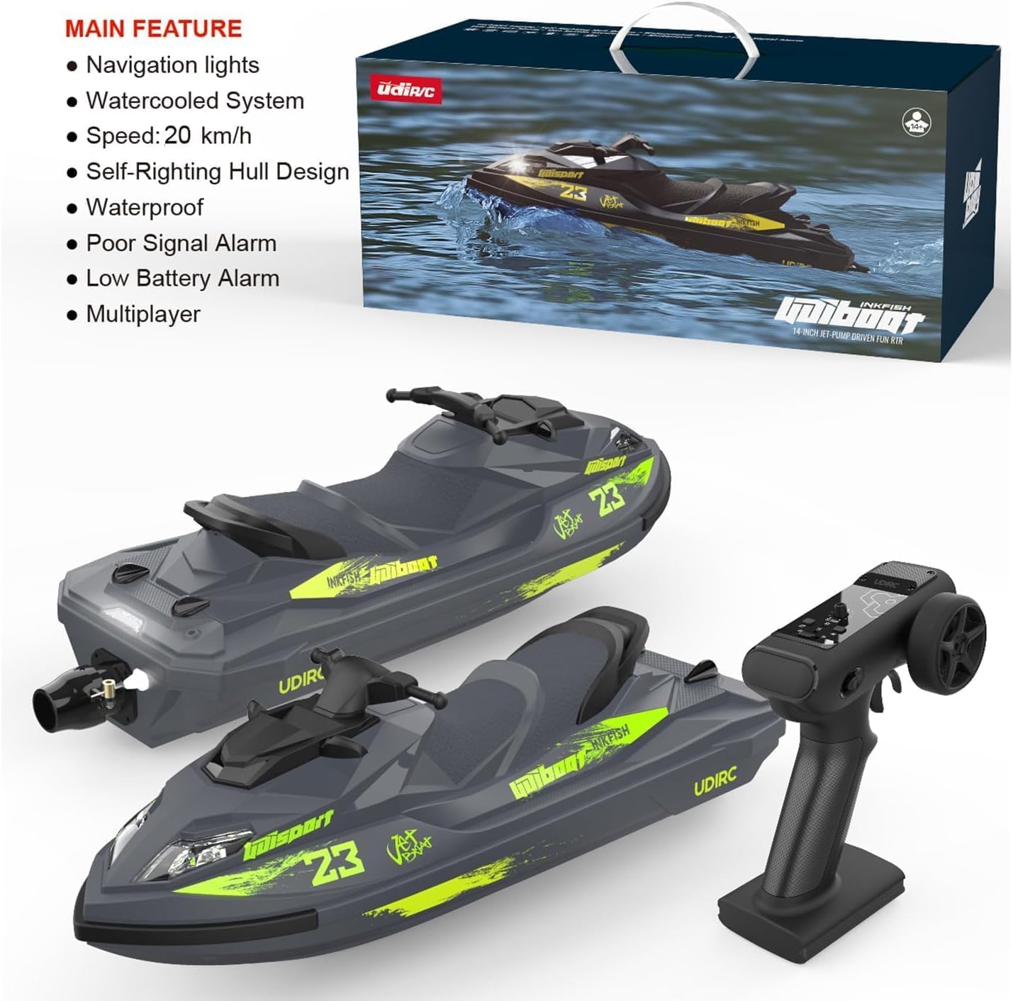 Mando a distancia modelo de lancha grande de 33 cm (33 cm) RC Jet Kayak, luces delanteras y traseras a una velocidad de 20 km/h, adecuado para piscinas de lago (verde) batería dual