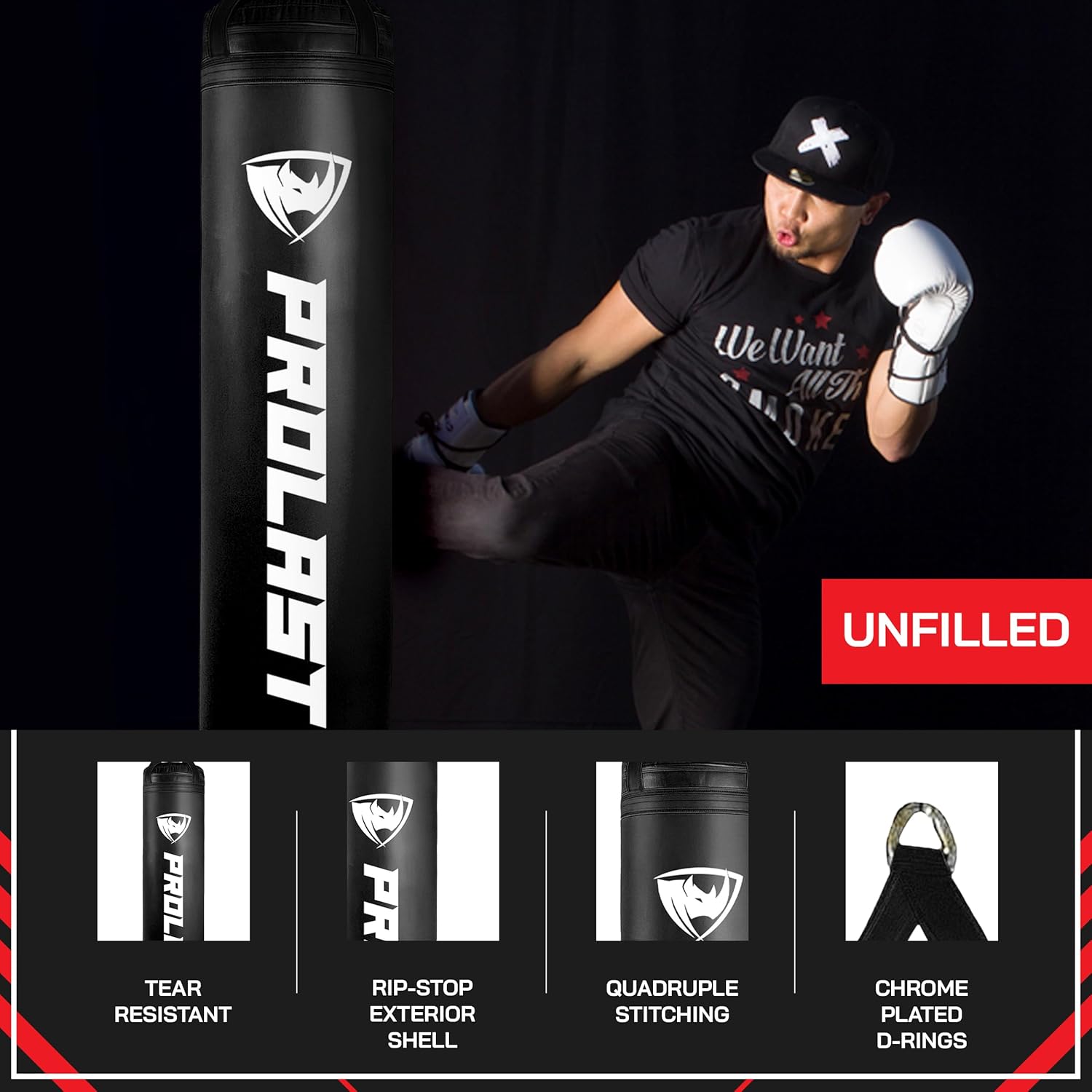 PROLAST Heavy Punching Kicking Bag for Adults, Boxing, MMA, Martial Arts, Muay Thai, Strength Training Equipment, Filled, 5ft, 100 lbs, Vertical Logo