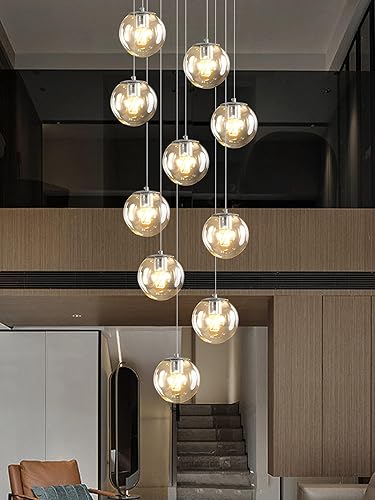 Miniatura 128 de Escalera LED de 10 luces LED moderna con globo de cristal, lámpara colgante grande para techos altos, accesorios de iluminación de entrada, villas y