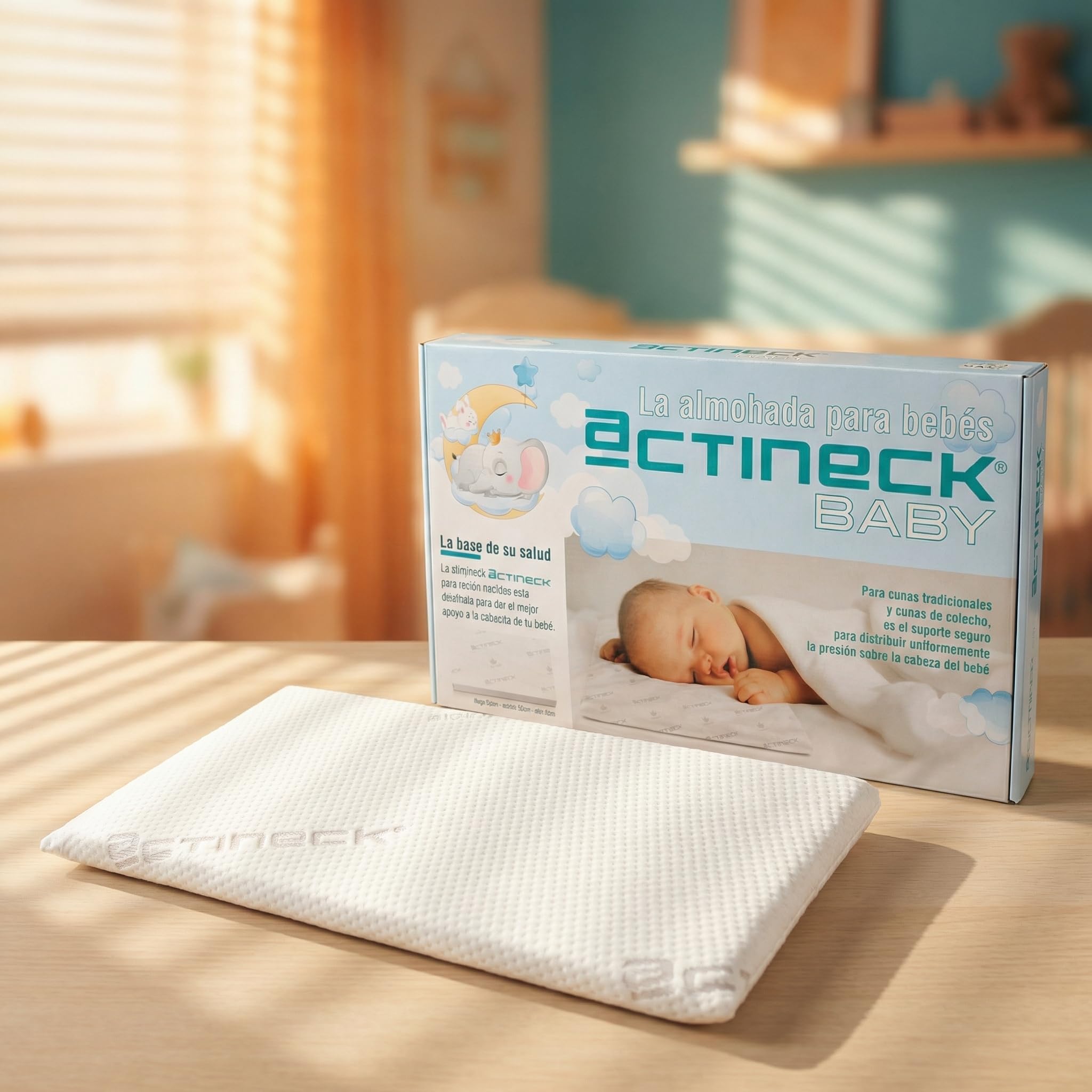 ACTINECK Almohada Bebé Baby 55x30x3cm - Transpirable, Hipoalergénica y Antiescaras - Funda Lavable e Hidrófuga - Fabricada en España para Recién Nacidos
