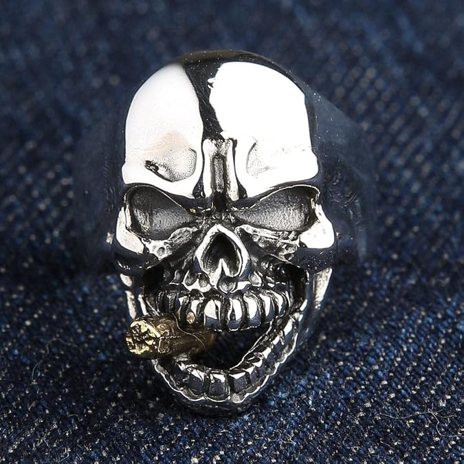 Sterling Silver Cigar Mafia Skull Biker Ring