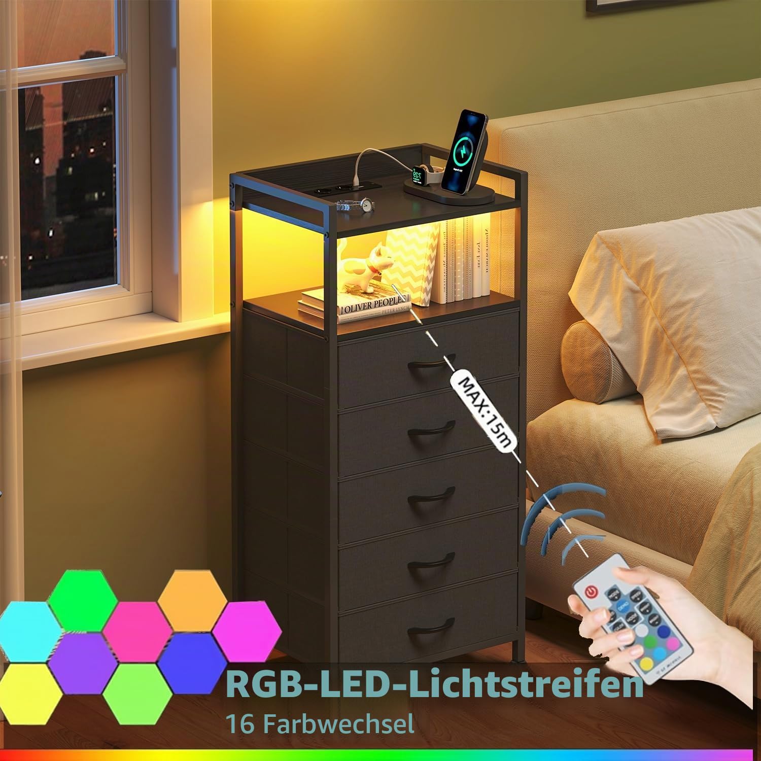 CAIYUN Nachttisch mit Ladestation, hohe Schwarze Kommode für das Schlafzimmer, Nachttisch mit LED-Beleuchtung, Beistelltisch für das Wohnzimmer, Stoff-Aufbewahrungsschublade, Metallgestell, Holzmöbel
