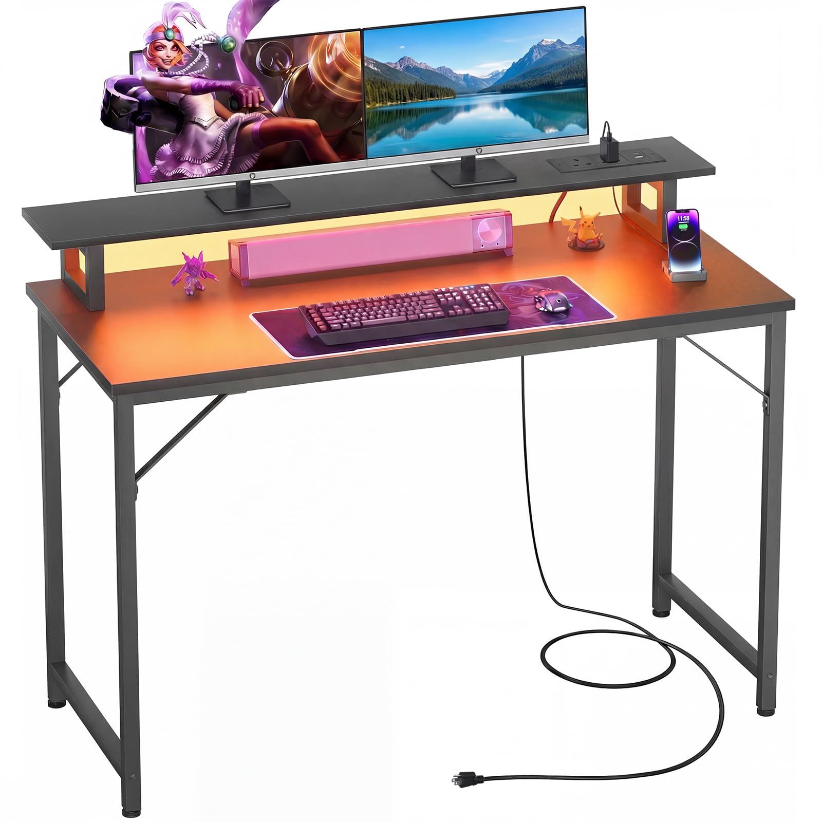 iSunirm Gaming Desk with Power Outlets & LED Lights, 100cm Computer Desk with Monitor Stand, Small Home Office Desk for Small Space, PC Gaming Table Workstation for Office Living Room Bedroom, Black