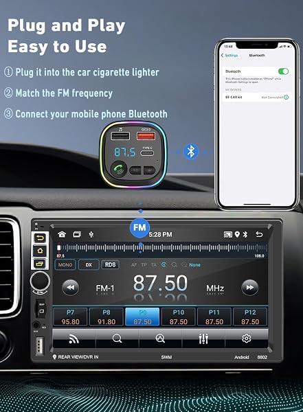 Car Bluetooth Transmitter,5.3 FM Bluetooth Car Adapter,PD 20W & QC 3.0 Fast Charging,FM Bluetooth Transmitter Dual Usb+1 Type-C,Hands Free Calling FM Transmitter Bluetooth,Supports USB/TF/SD - 5