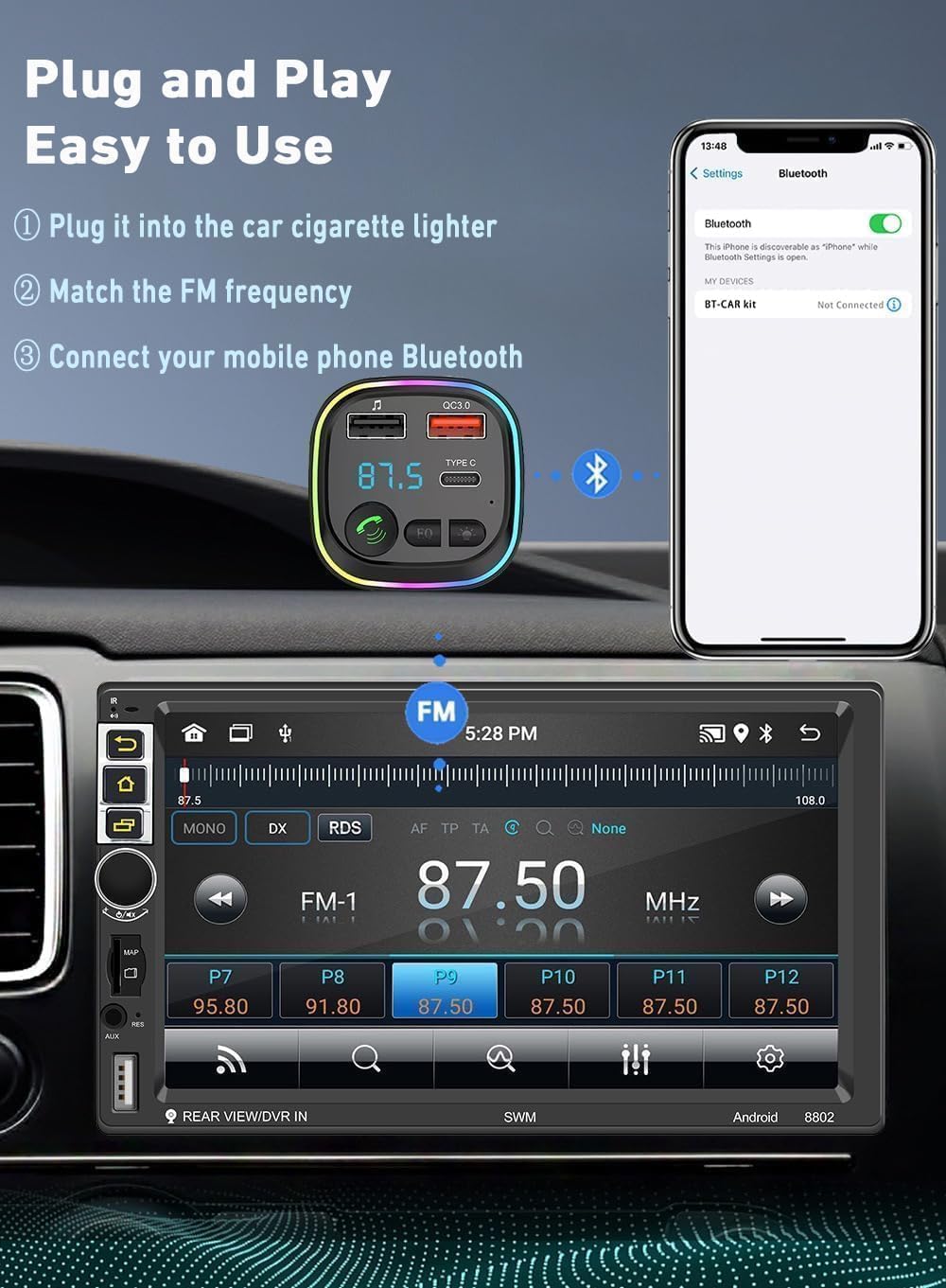 Car Bluetooth Transmitter,5.3 FM Bluetooth Car Adapter,PD 20W & QC 3.0 Fast Charging,FM Bluetooth Transmitter Dual Usb+1 Type-C,Hands Free Calling FM Transmitter Bluetooth,Supports USB/TF/SD — view 5