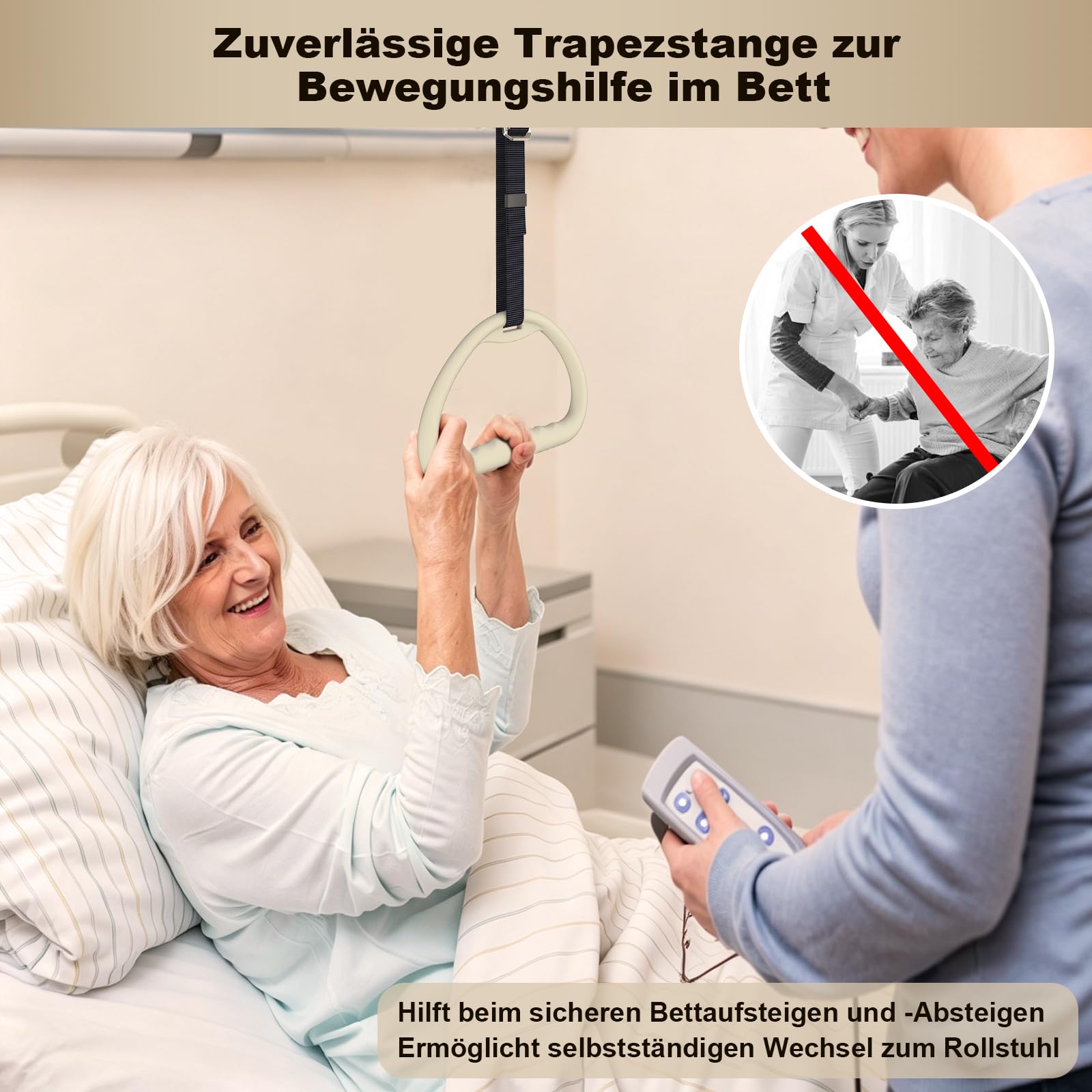 Bettgalgen für ältere Menschen, Deckenmontage-Galgen für Bett, Stehhilfe zum Aufsetzen auf und Aufstehen vom Bett, komfortabler & breiter Triangelgriff, höhen- und tiefenverstellbar, Tragkraft 300 kg