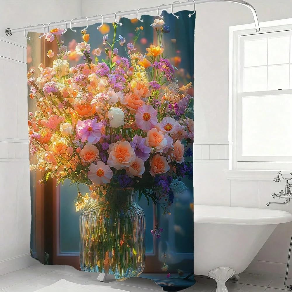 Kolorowa zasłona prysznicowa z bukietem kwiatowym, wodoodporna zasłona do wanny z jasnymi kwiatami w szklanym wazonie i światłem słonecznym (215 x 175 cm/tkanina)