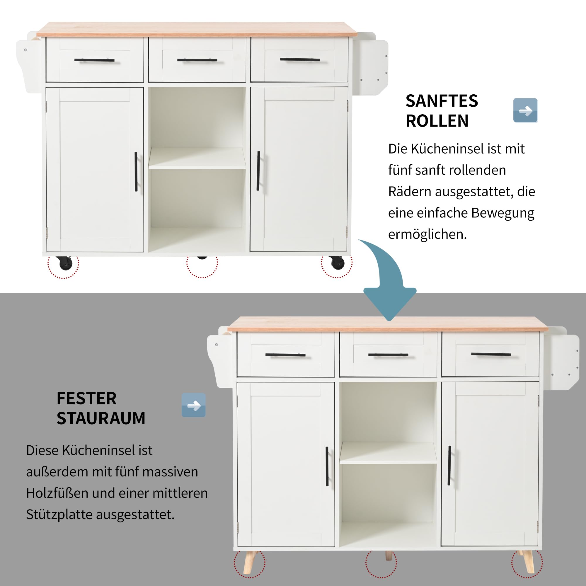 Küchenwagen, Kücheninsel Buffetschrank mit Arbeitsplatte klappbar und Rollen, Modern Küchenschrank, Servierwagen mit Verstellbares Regal, Gewürzregal und 3 Schubladen,139x46-71x91.5cm (Weiß)