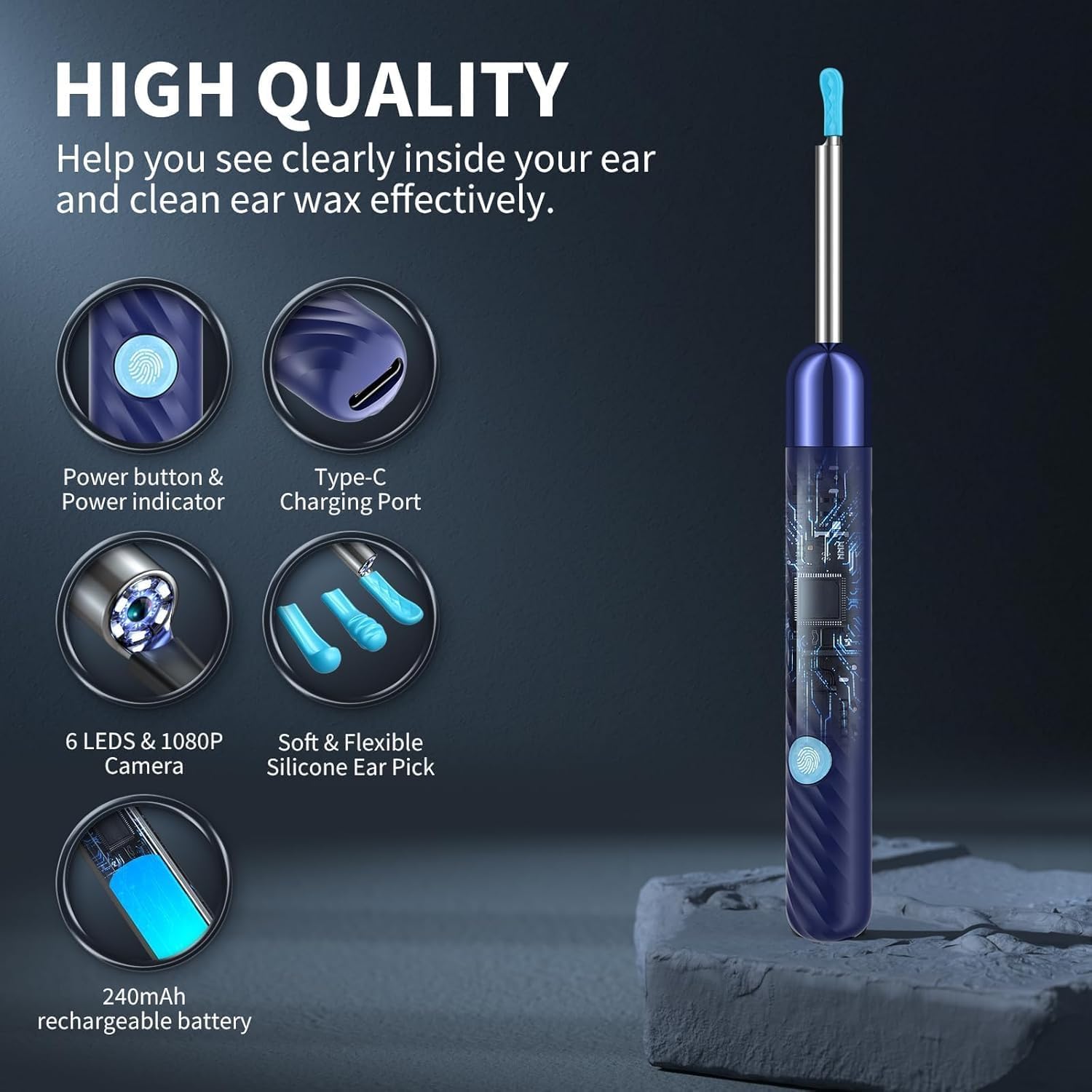 Yorsfun Ear Wax Removal Tool Camera - Ear Cleaner with Camera,1080P Otoscope, Ear Cleaning Tool with 6 Ear Spoon, Ear Camera for iPhone & Android Phones - Blue