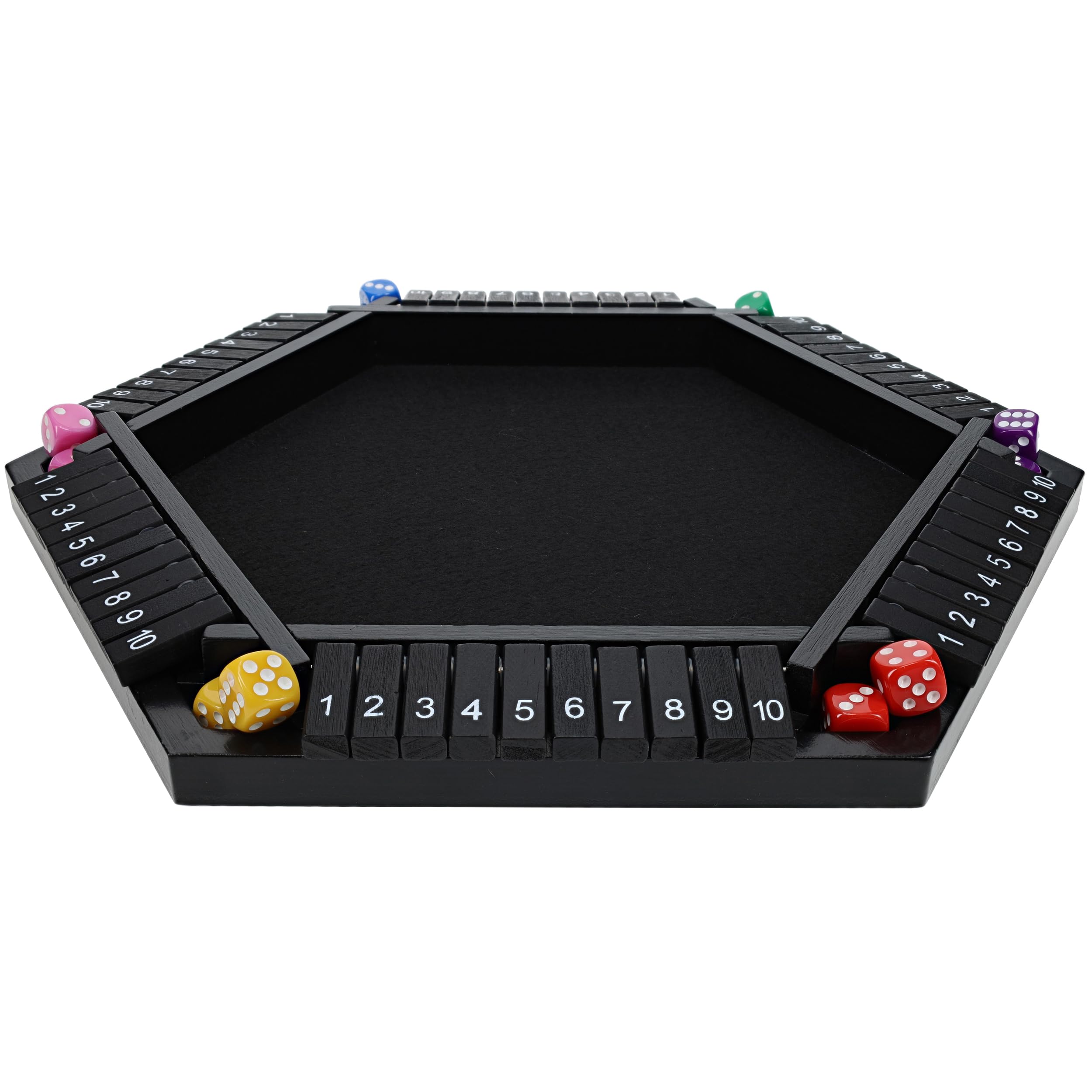 Pacific Shore Games Shut The Box - Juego para 6 jugadores, madera pintada en negro, juego de mesa de madera, juegos de mesa para adultos, juegos de bar, juego de dados portátil para 1-6 jugadores,