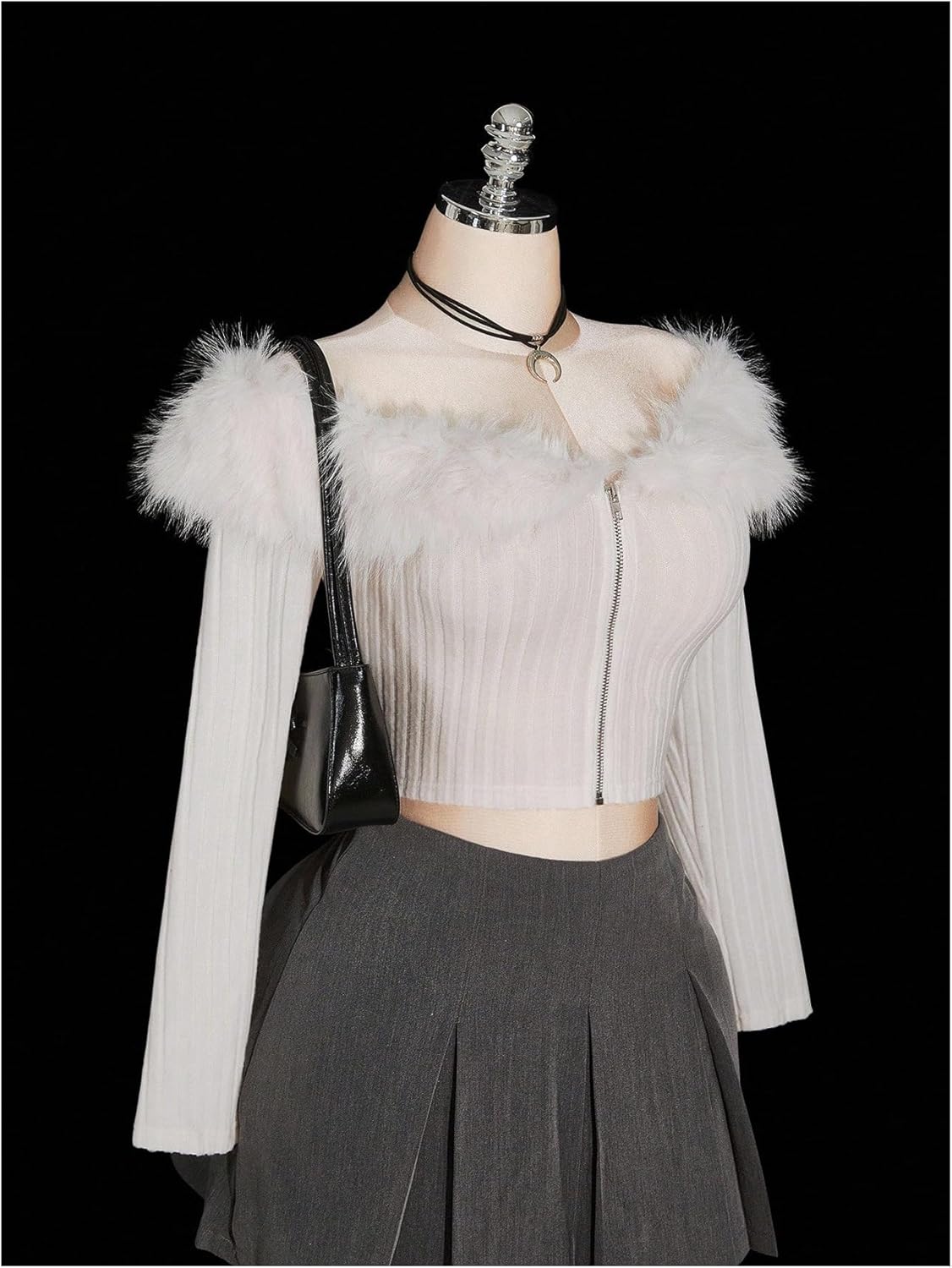 WDIRARA Women's Plus Size Faux Fur Zip Up Jacket Off the Shoulder Long Sleeve Cropped Coats Outerwear - Image 3