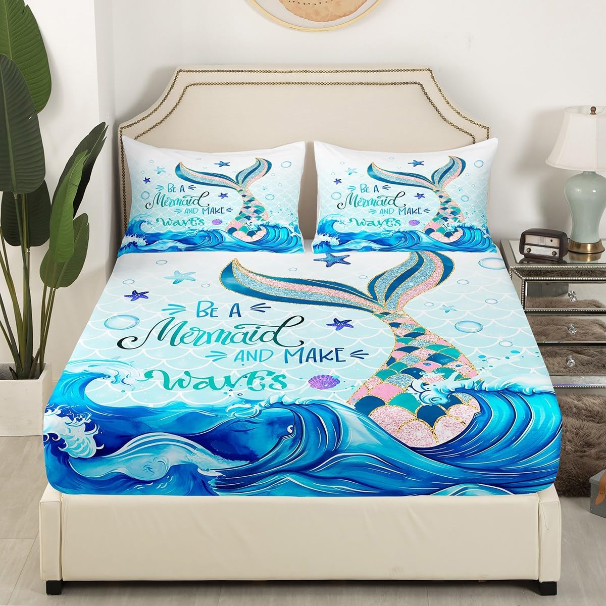 Erosebridal Little Mermaid Bedding Set Twin Kids Cute Mermaid Tail Sequins Sheet Blue Pastel Gradient Flat Sheet Girly Kawaii Princess Bedroom Decor Fitted Sheet Fish Scales Bed Sheet 3 Pcs