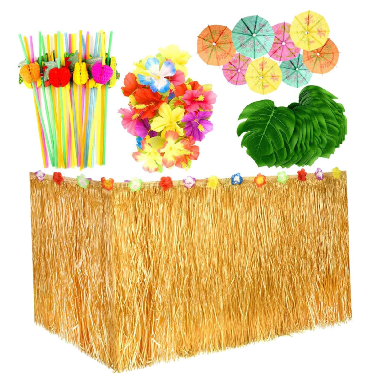 GRIRIW 1Set Hawaiian Table Skirt Set with Monstera Leaves Hibiscus Flowers Skirt Assorted Color Umbrella Toppers Fruit Straws for Luau Party Decoration