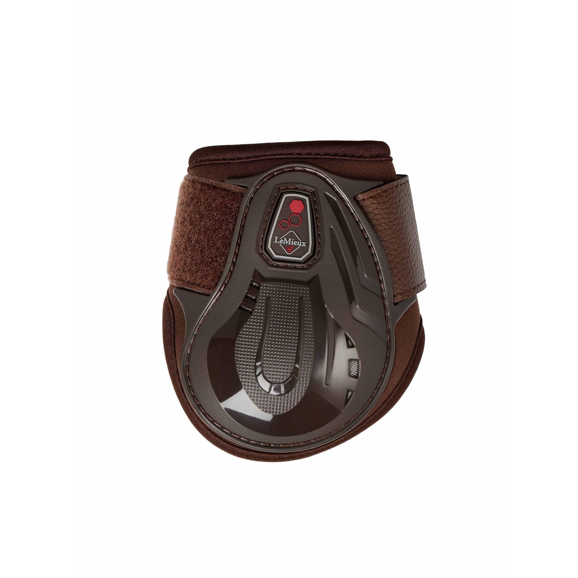 LeMieux Par de botas para caballo Fetlock compatibles con los impactos, color marrón con zona protectora moldeada, rejillas de ventilación de malla y cierre de doble bloqueo, talla L