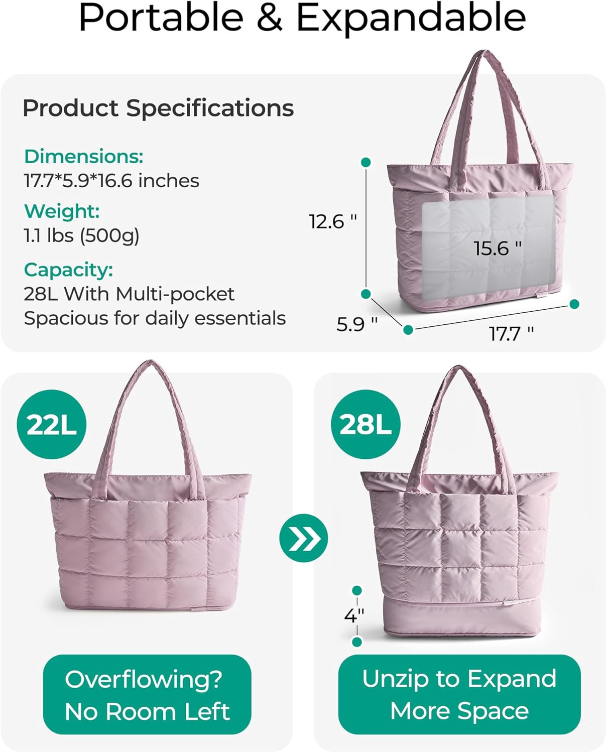 BAGSMART Expandable Tote Bag for Women, Puffer Work Tote Handbag, Quilted Carry On Bag for Travel Gym - Image 3