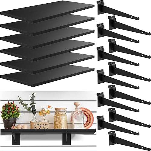 Miniatura 18 de Paquete de 6 estantes de madera con listones de pared de 15.7 x 6 pulgadas, estantes de pared con soportes de metal, accesorios organizadores