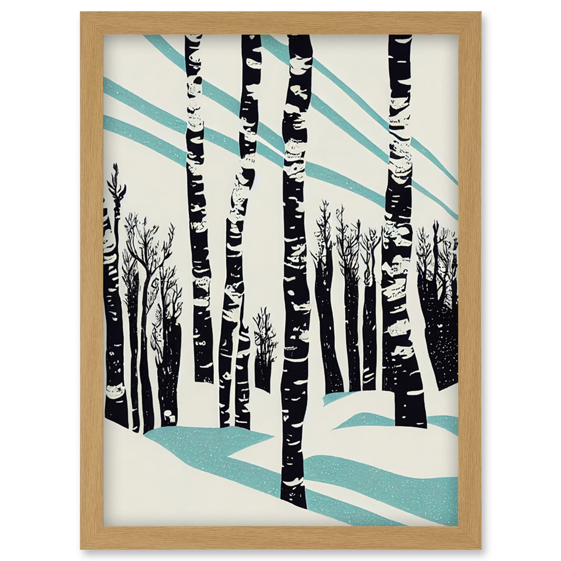 Wee Blue Coo Modern Birch Tree Forest in Winter Modern Stencil Design Monochrome and Teal Artwork Framed Wall Art Print A4