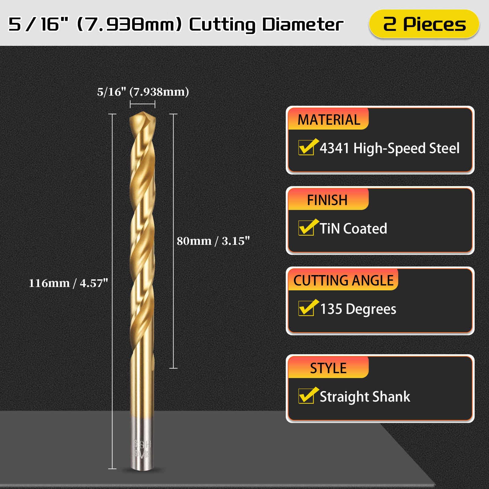 CoCud 7.9mm Drill Bit, 5/16" Cutting Diameter, 4341 HSS Jobber Bits TiN Coated 135° Cutting Angle - Image 2
