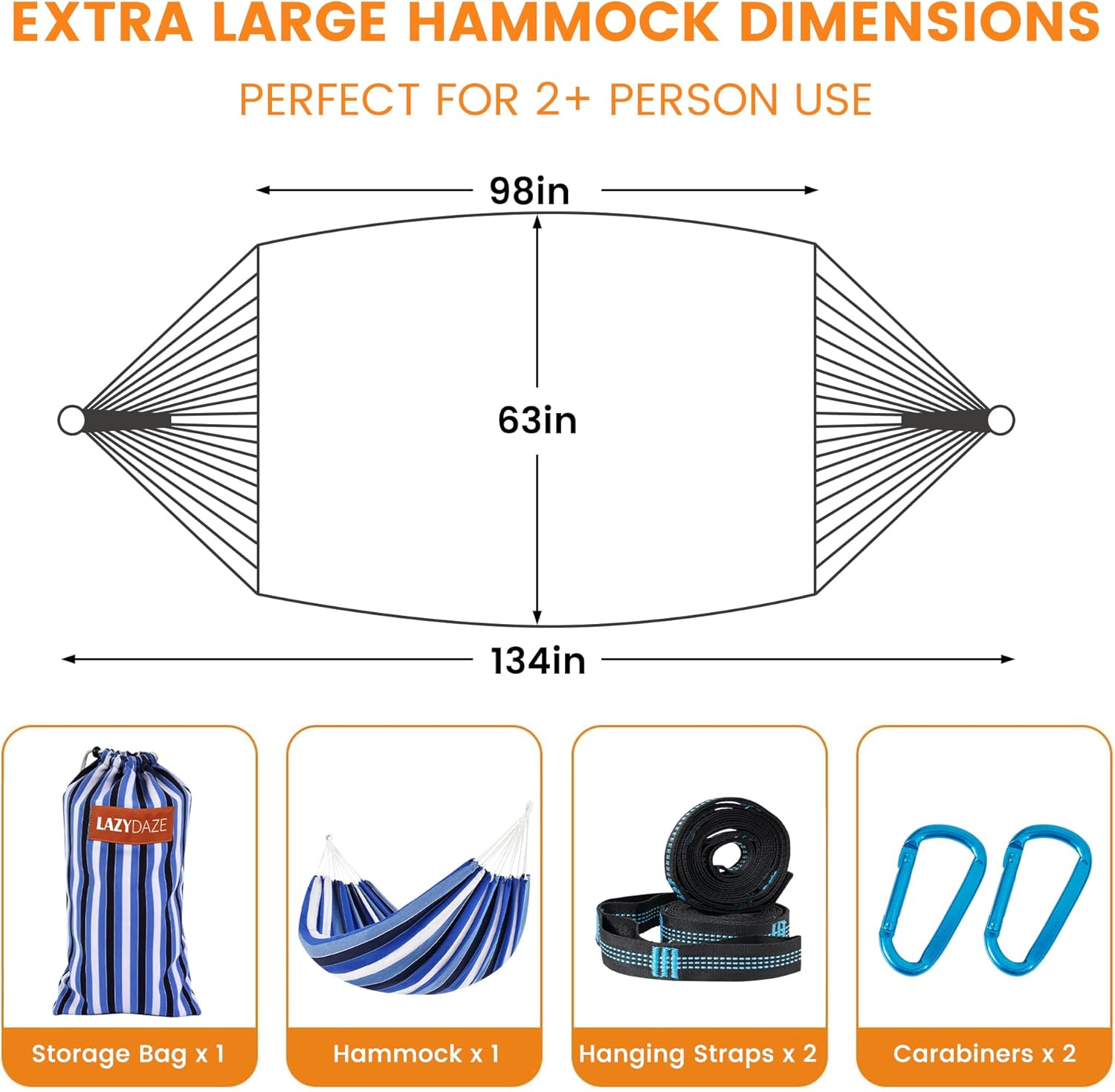 Lazy Daze Hammocks Extra Large Double Hammock, Portable Camping Hammock with Travel Bag & Tree Straps for Outdoor, Camping, Backyard, Patio, 550lbs Capacity, Blue