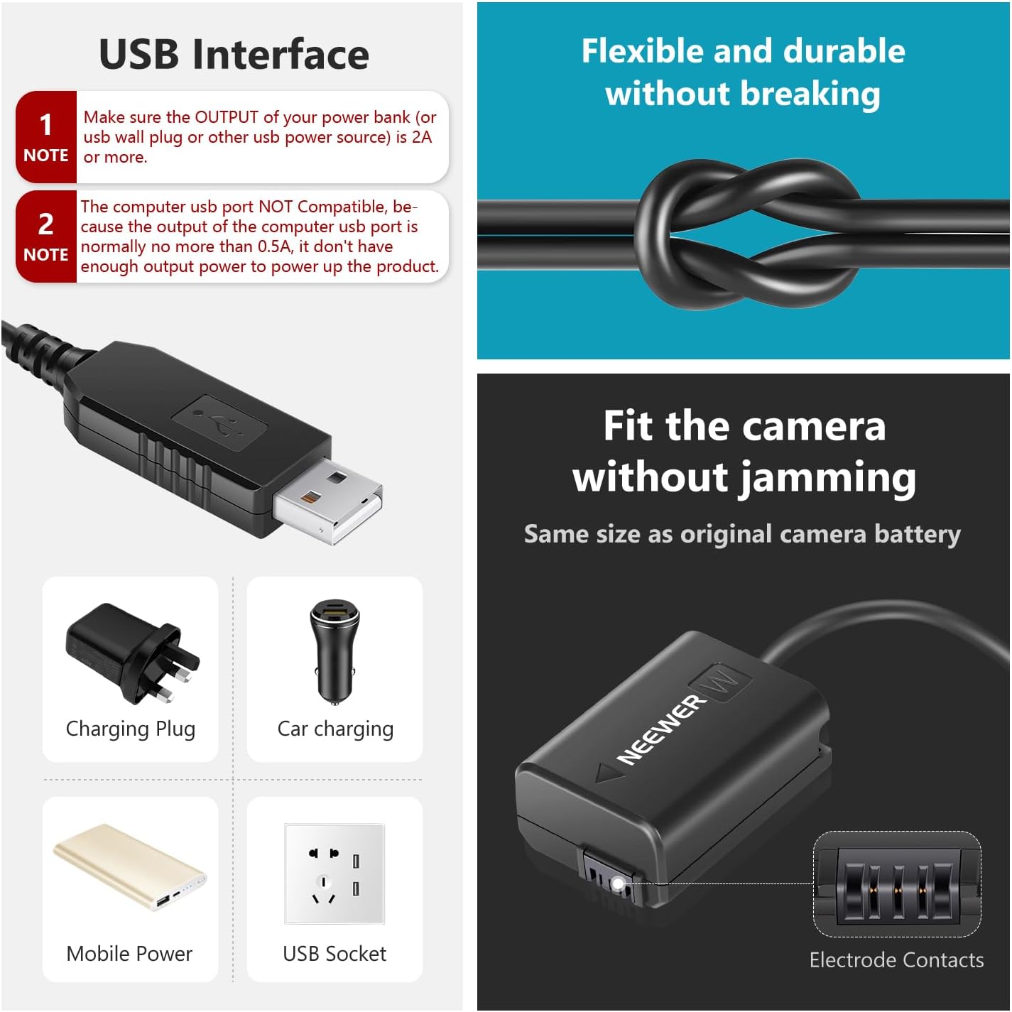 Neewer DC Coupler Replacement for NP-FW50 Dummy Battery Power Adapter with USB Cable Compatible with Sony A7 A7R A7S A7II A7RII A7SII A6500 A6400 A6300 A6100 A6000 NEX5 NEX7 DSC-RX10 II III IV