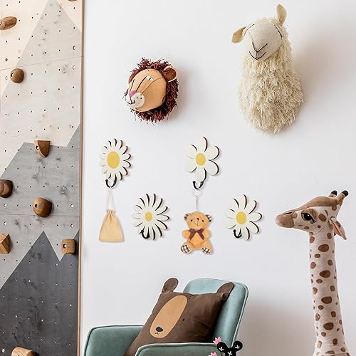 Miniatura 6 de Thyle 4 ganchos de pared de margaritas para niños, ganchos adhesivos de pared de madera, lindos ganchos de guardería para niños y niñas, baño,