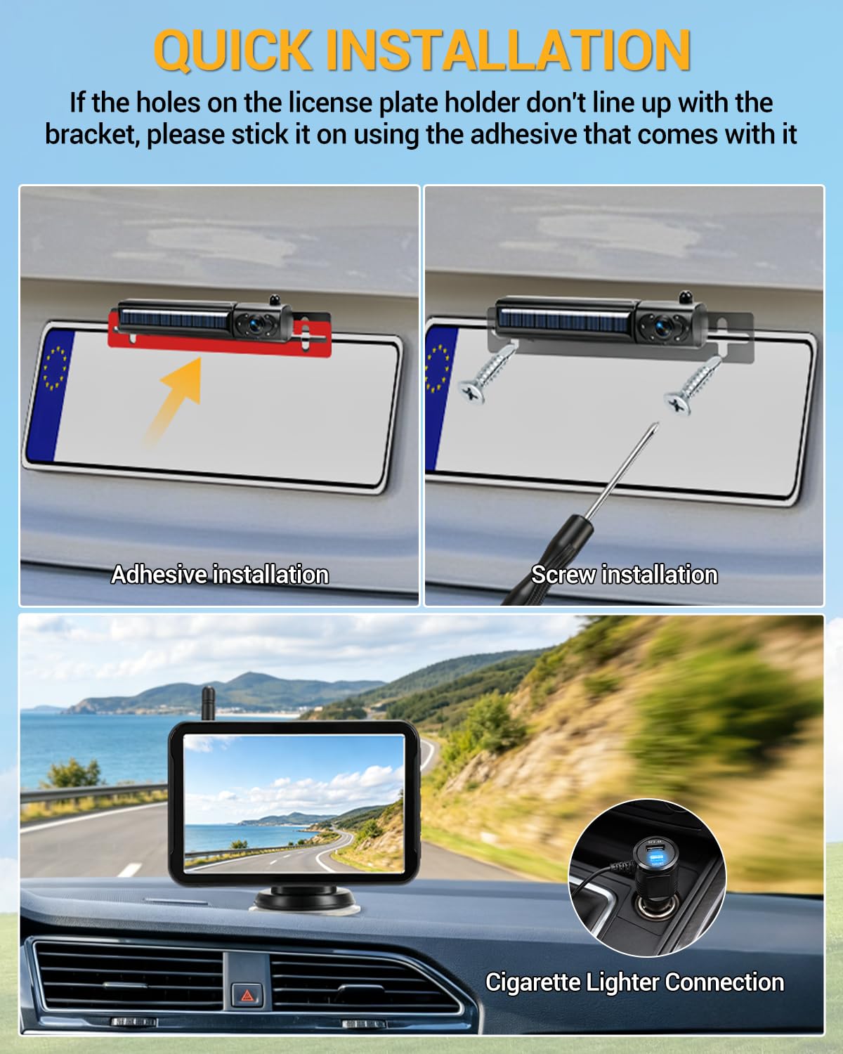 Juego de Cámara de Visión Trasera Inalámbrica Solar de 5 Pulgadas | Con visión nocturna y batería de 5000 mAh para coche camión SUV autocaravana