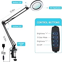 Vista 2 de LED Magnifier Desk Lamp with Stand, 3 Color Modes & Stepless Dimming 5-Diopter Glass Lens, Adjustable Swivel Arm - Magnifying lamp for Close Work