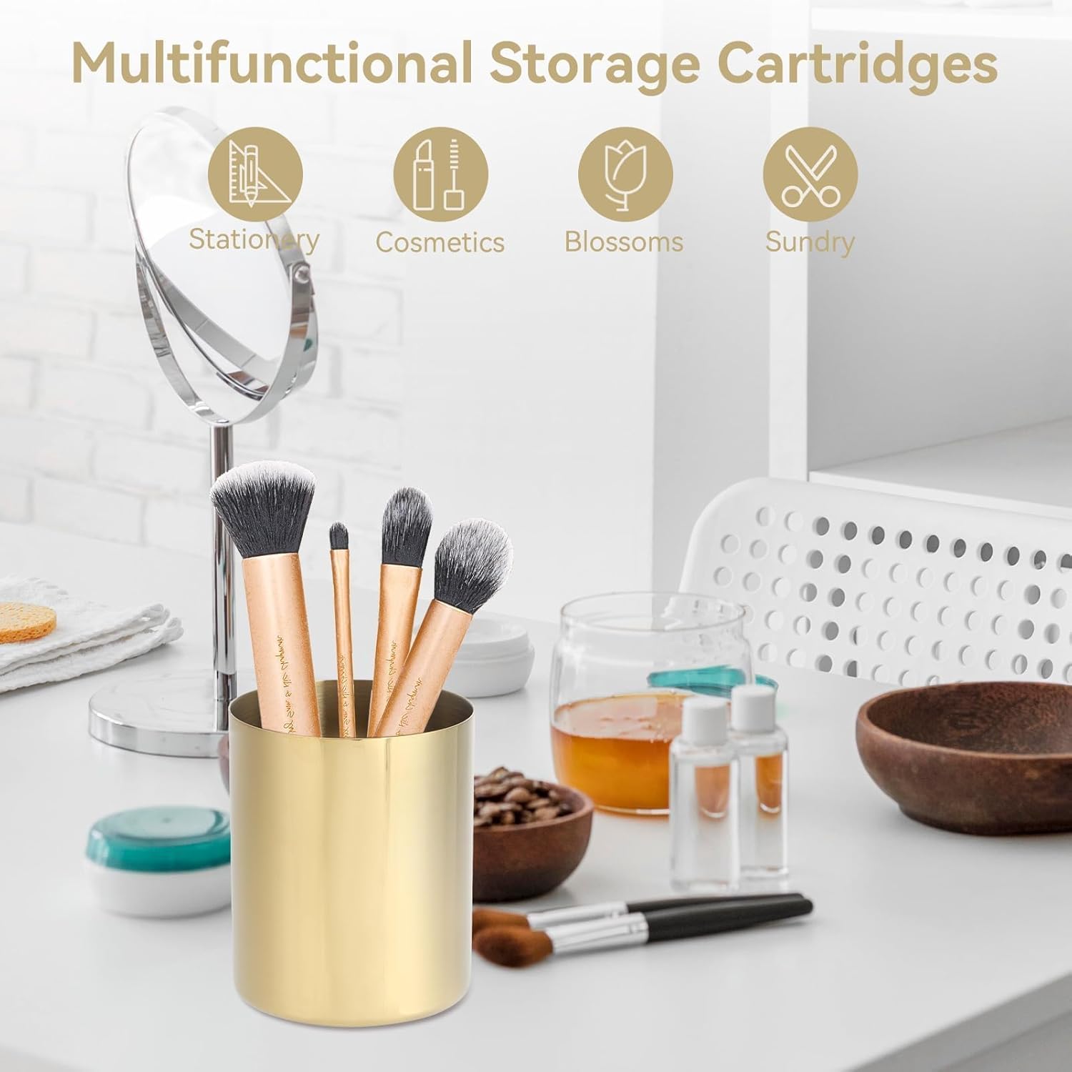Gold Pen Holder, 2PCS Stainless Steel Pencil Cup Pen Holder Cup Pen Pot Makeup Brush Holder Gold Pencil Pen Organizer Cup for Home