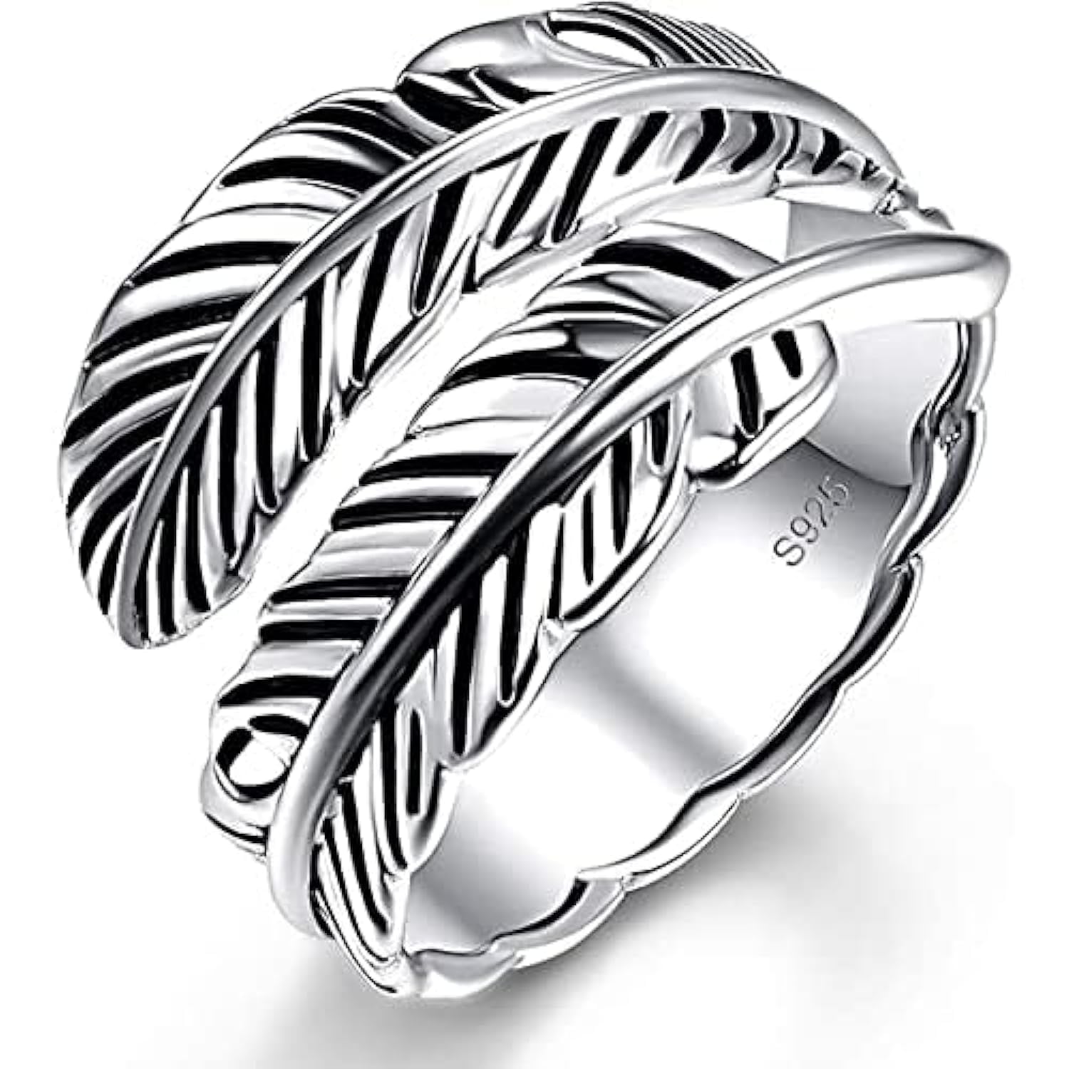 AVECON Sterling Silver Feather Ring with Black Onyx Turquoise - Adjustable Stacking Vintage Statement Ring for Women Men